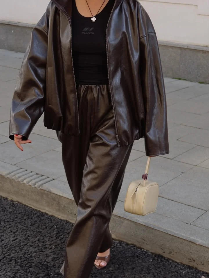 ladies Stylish Leather Solid Jacket Pants Set Women Stand Collar Zipper Coat Loose Trousers Sets Female 2025 Autumn Fashion Streetwears