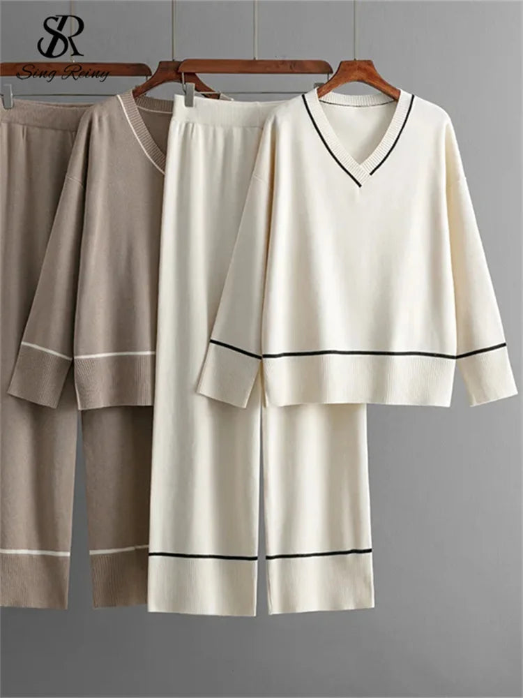 SINGREINY Homewear Knitting Sets Women V-Neck Split Basic Loose Tops+High Waist Wide Legs Pants Casual Autumn Winter 2PC Suits