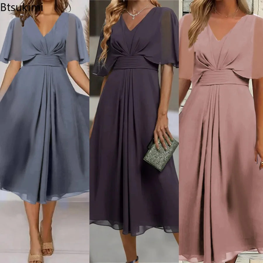 2025 Women's Evening Party Dress Plus Size Long Elegant  A Line V Neck Ruffles Chiffon Formal Wedding Dress Robe Dazzling Dress