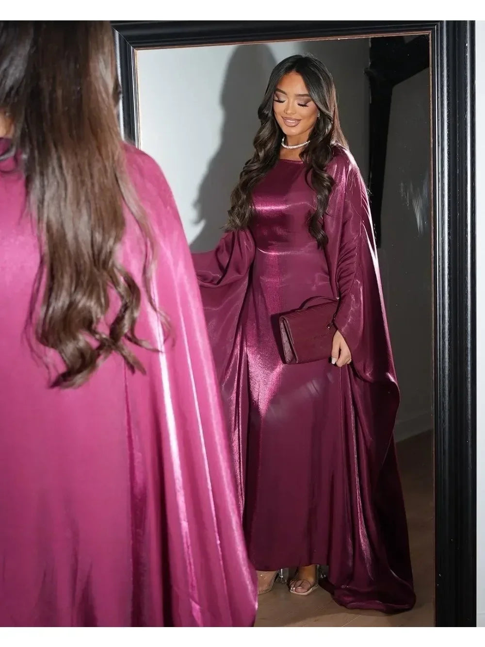 Rose Dress Shiny Batwing Satin Maxi Abaya Dubai Luxury 2025 Femme Long Robes