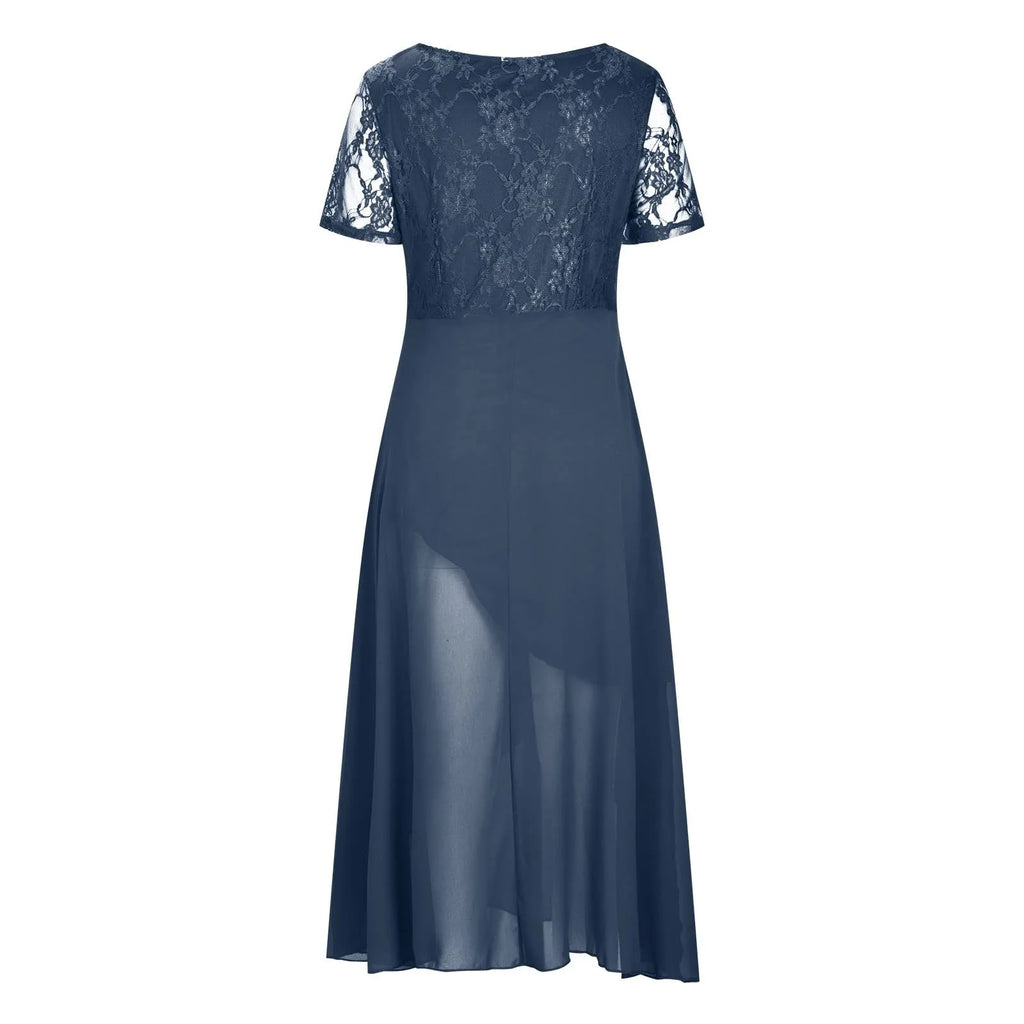Vestidos Largos Dresses For Women Elegant Lace Chiffon Flowy Dress Evening Party Gown V Neck Short Sleeve Lace Chiffon Dress
