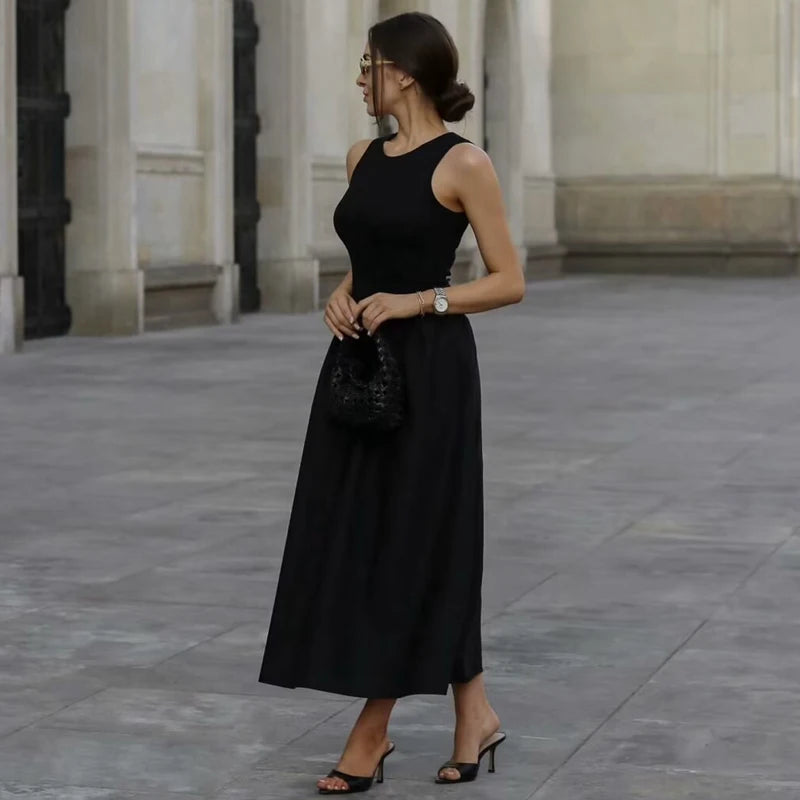 MUJER Black Pleated Long Dresses for Women Knitted Sleeveless Maxi Dress Woman Vintage Party Womens Dresses Spring Casual Dress