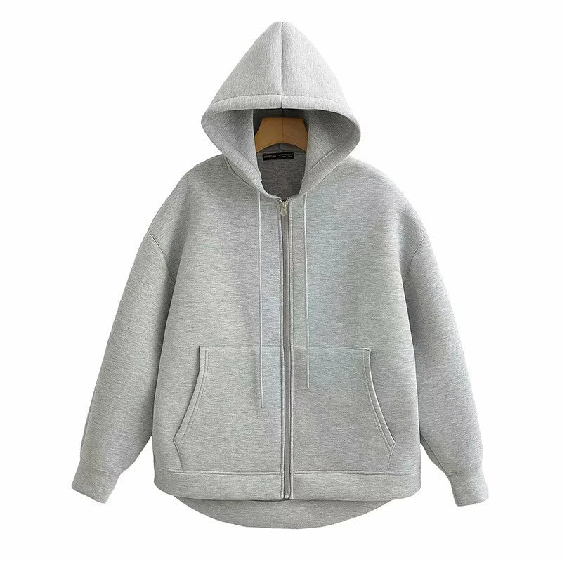 Women Gray Black Jacket With Hood Long Sleeve Zipper Jacket Casual Big Pocket