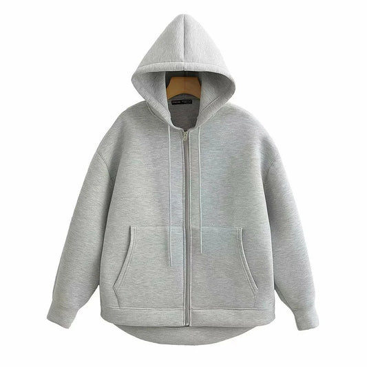 Women Gray Black Jacket With Hood Long Sleeve Zipper Jacket Casual Big Pocket