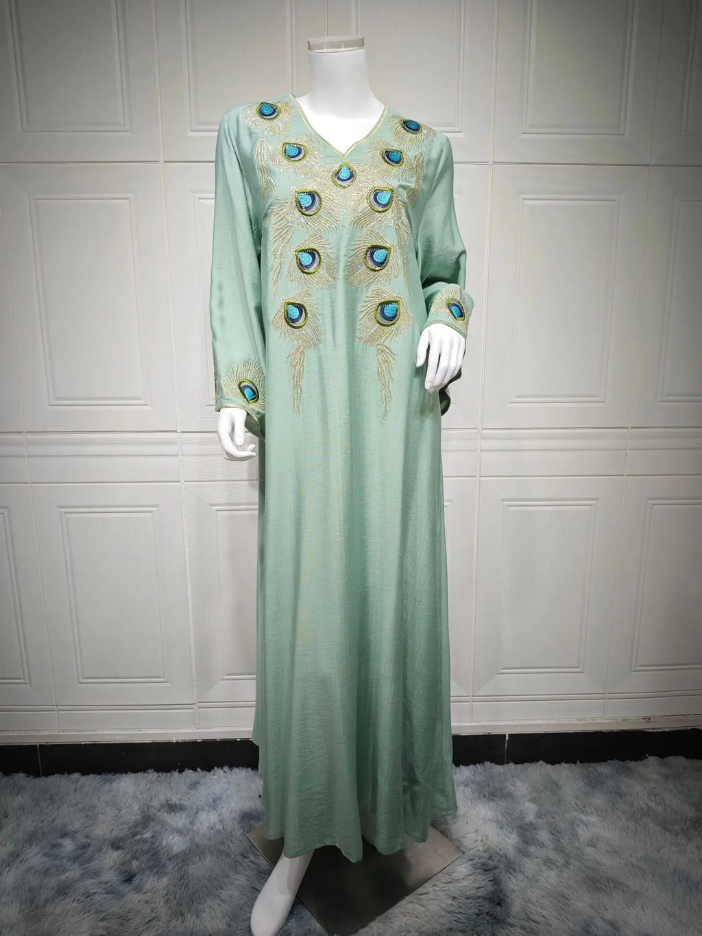 Elegant Women Evening Dress Solid V-Neck abaya Long Sleeve