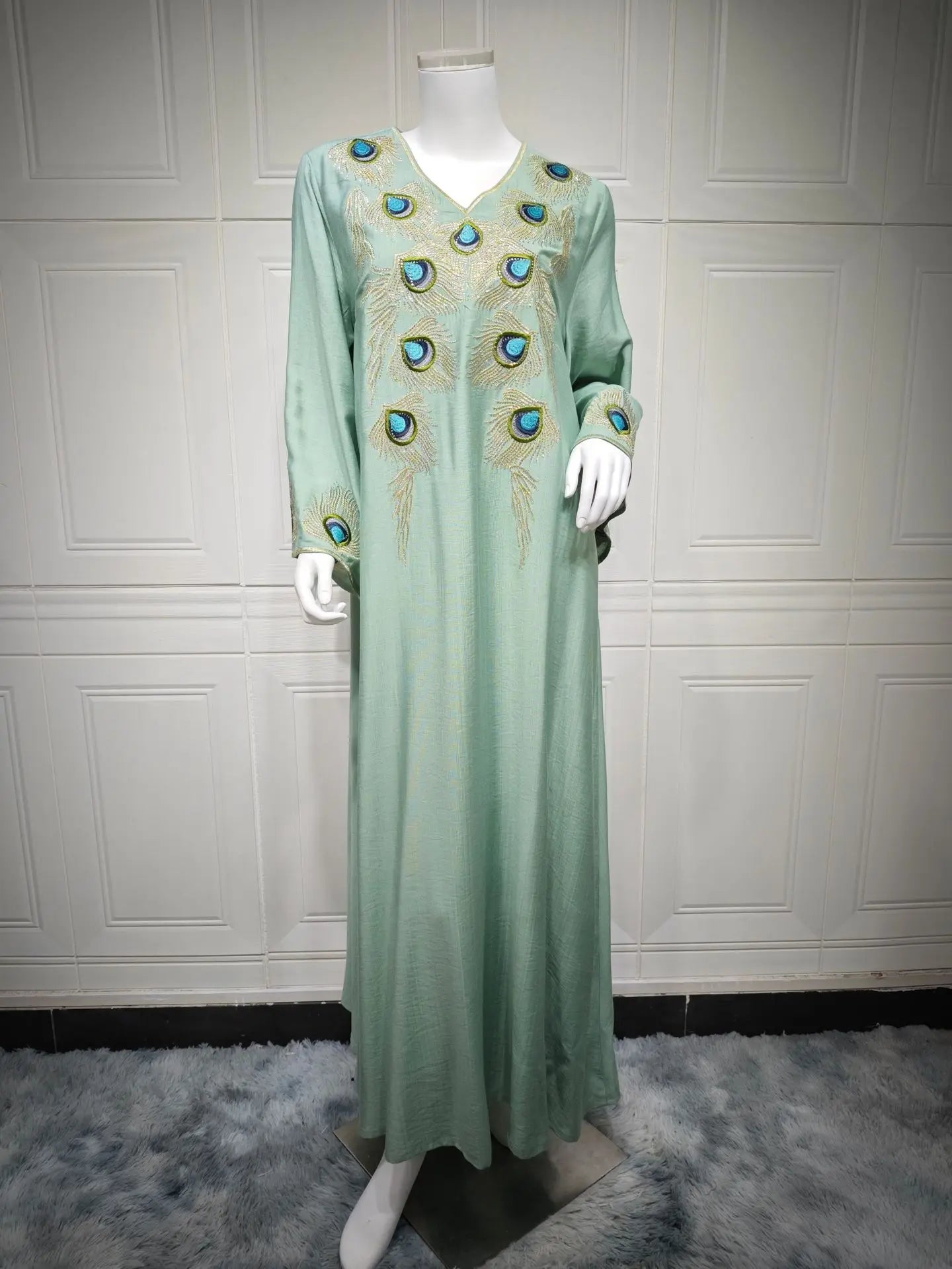 Elegant Women Evening Dress Solid V-Neck abaya Long Sleeve
