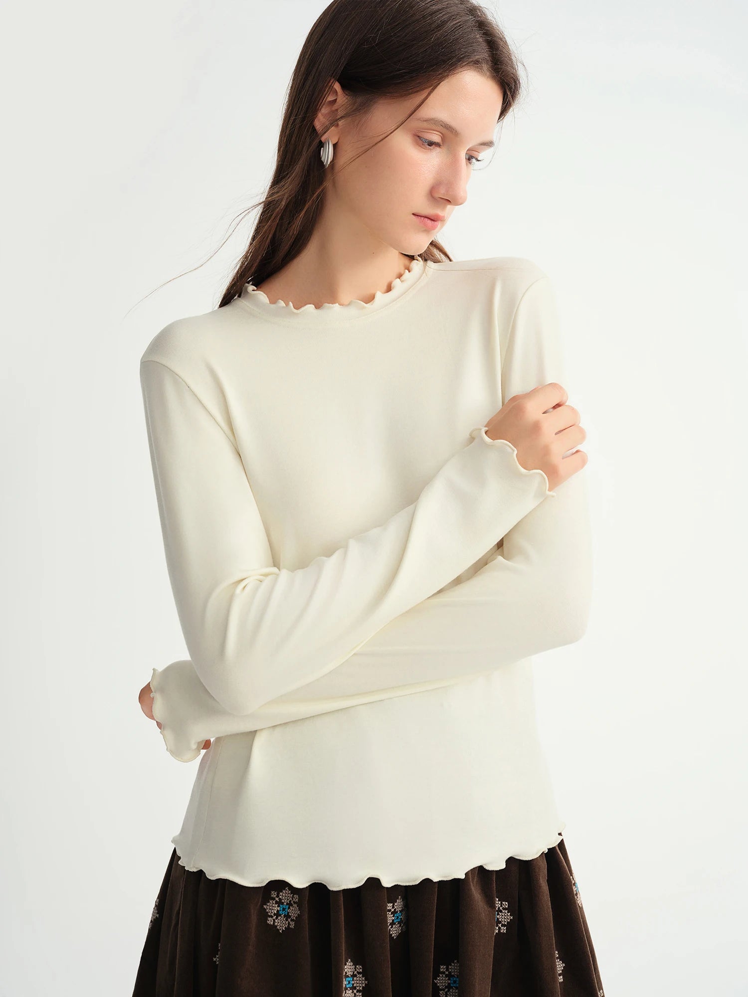 DUSHU Self-Heating Wool T-shirts Half-High Collar Soft Knit  Women's Longline Bralette Fall Winter Curvy Solid Color Pullovers