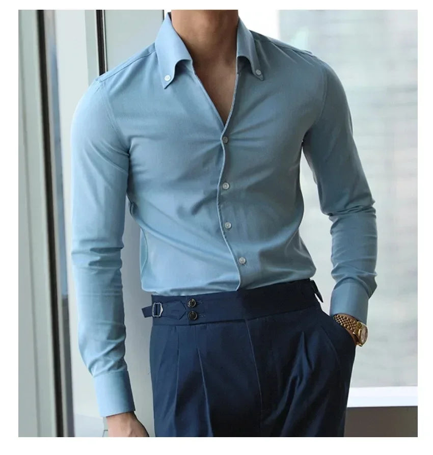 Men's Italian Collar Shirt, Wrinkle-free, Casual Slim-fit