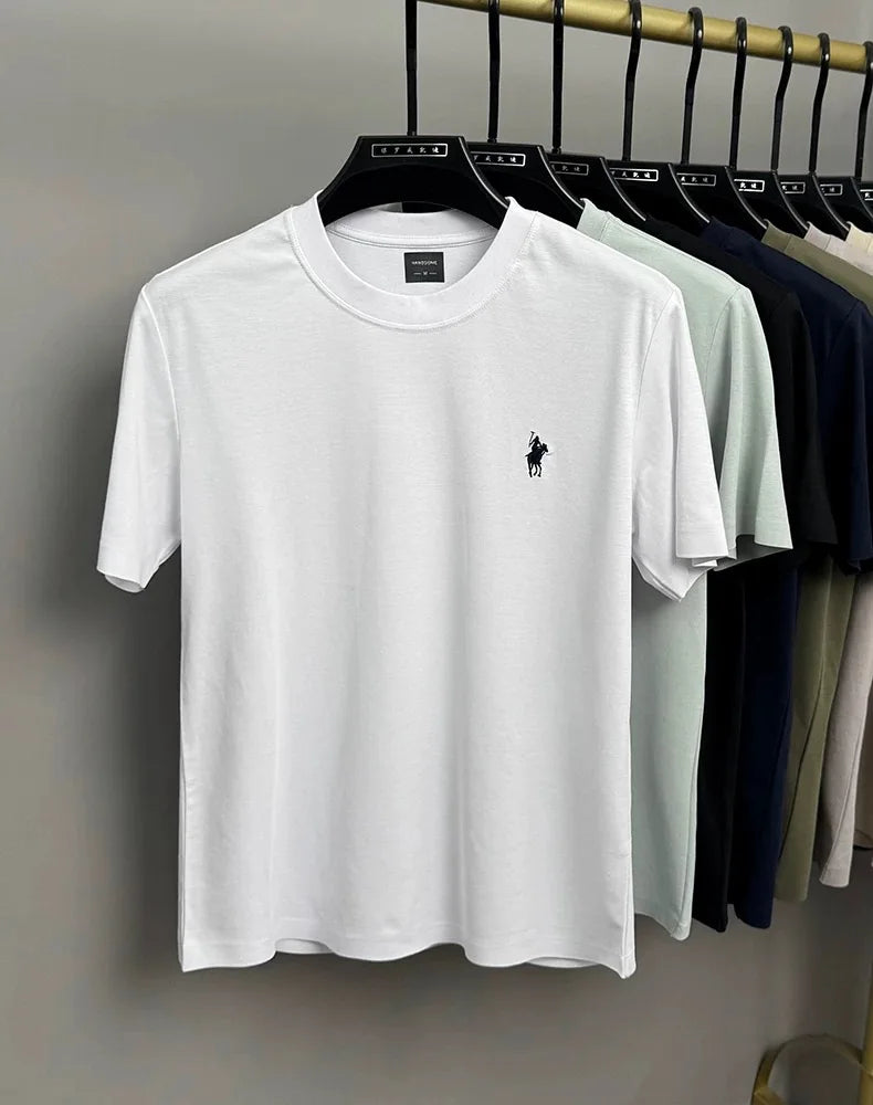 High end short sleeve T-shirt men's fashion brand pony embroidery summer new silk cotton breathable casual round neck Paul top