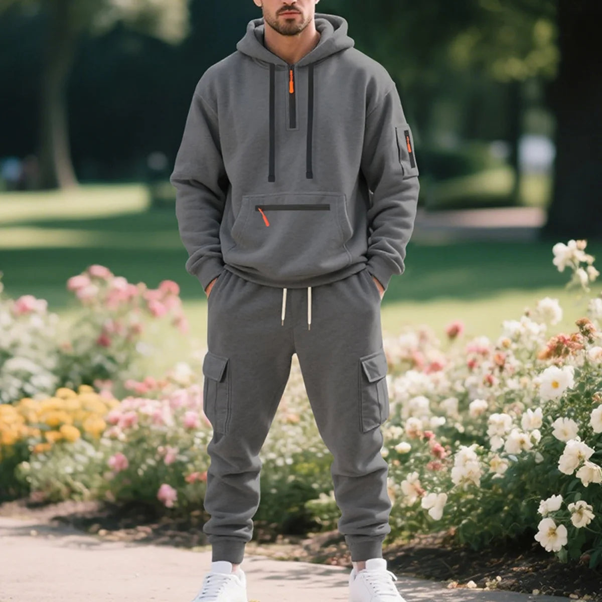 Men's Fleece Hooded Half-Zip Sweatshirt And Loose Sport Pants Set Casual Autumn/Winter Multi-Pocket Fashion Track Suit