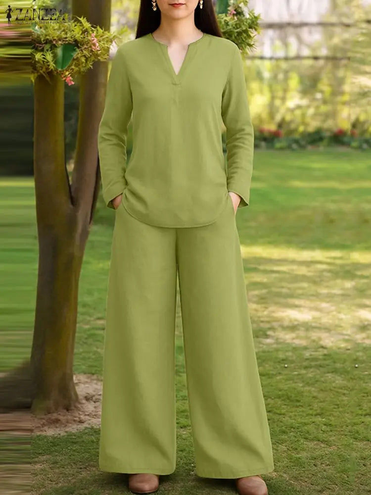 2025 Autumn Outfit Women 2 Piece Sets ZANZEA Casual V Neck Long Sleeve Tops Pant Suit Elegant Solid Loose Work Tracksuit