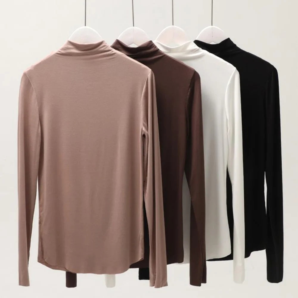 Fall and Winter 2025 New Luxury Clothing Stretch Modal T-Shirt for Women Half-high Collar Slim-fit Solid Color Long Sleeve Top