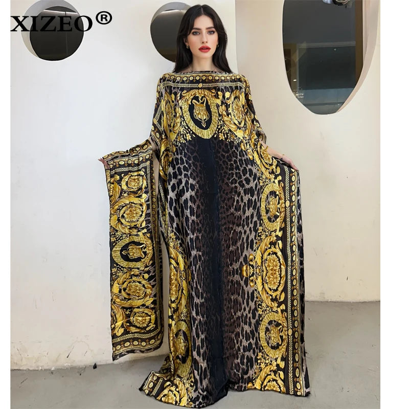 XIZEO  dresses for woman dubai abaya Crew Neck Wave dot print Kaftan Dress, Elegant Maxi Length Dress