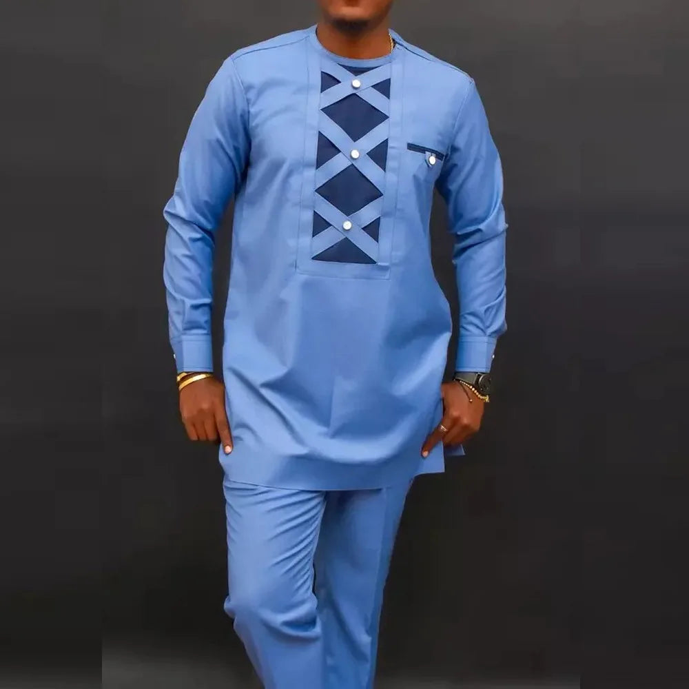 Mans Tracksuits Suits Set Kaftan Embroidered Long Sleeve Tops Pants 2Pcs Set Outfits Wedding Wear African Ethnic Casual Clothing