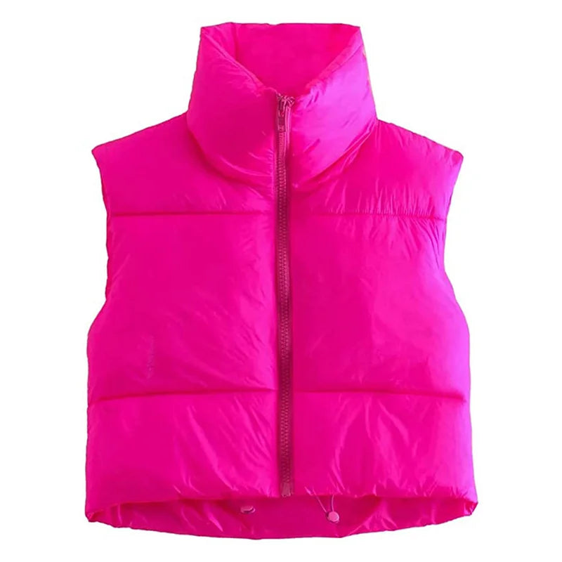 Women Winter Warm Crop Waistcoat Sleeveless Stand Collar Double Sided Lightweight Puffer Vest