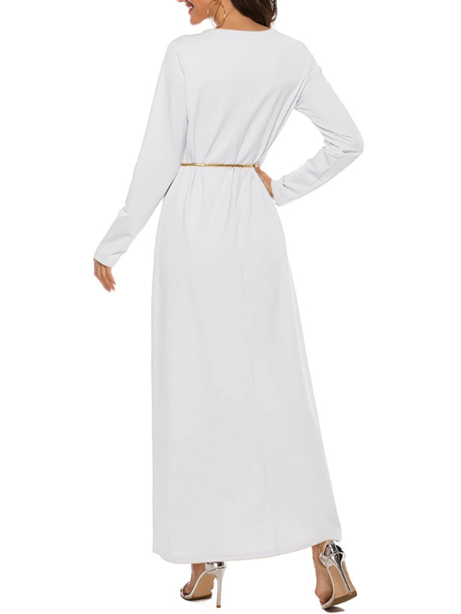 Women Solid Color  Arabian Dress Round Neck Sleeve  Long Robes Loose Basic Dress for Casual Wear