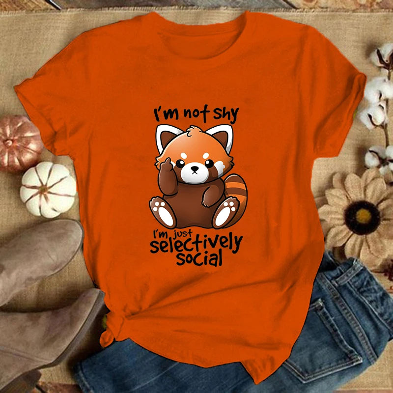 (Premium T-shirt)Panda I'M Not Shy I'M Just Selectively Social Printed T-Shirts Women Short Sleeve Funny Round Neck Tee Shirt
