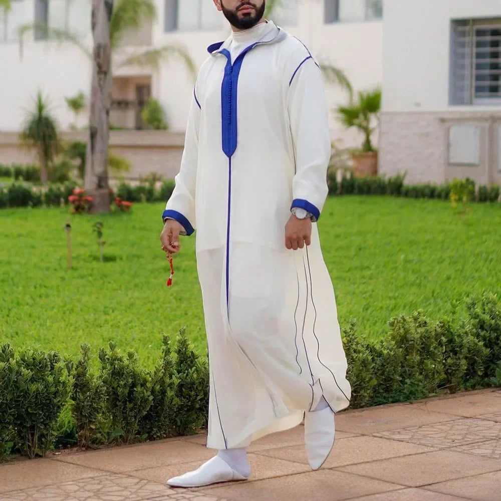 New 2025 Islamic Clothing Men Robe Kaftan Muslim Man Moroccan Casual Long Dress Arabic Striped Robe Middle East National Costume