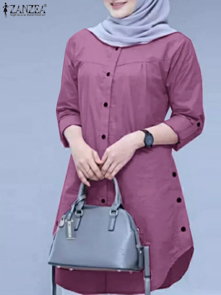 ZANZEA Fashion Abaya  Blouse Woman Casual Holiday Baggy Shirt Long Sleeve O-Neck Tops Elegant
