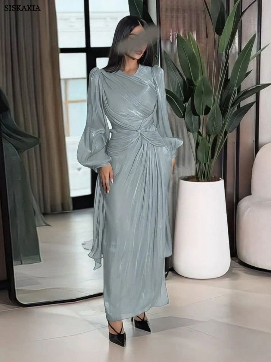 Siskakia  Stylish Arab Tunics Maxi Dress New Dubai Puff Sleeve Abaya Ribbon Kaftan 2025