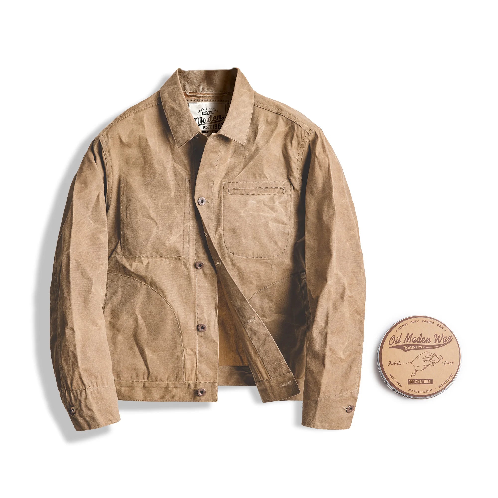 Maden Vintage Men's Canvas Oil Wax Jackets Khaki Multi-pocket Lapel Collar Single-breasted Jacket Windbreaker for Male Outwear