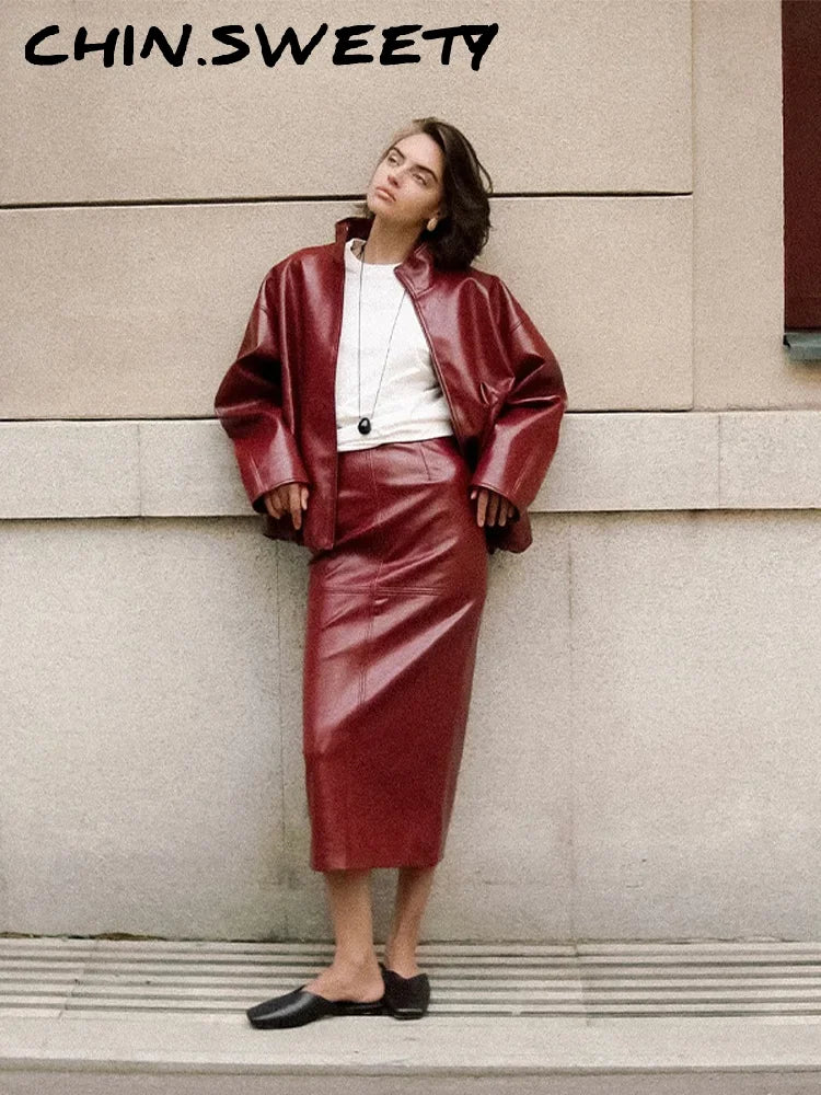 ladies Stylish Leather Solid Jacket Pants Set Women Stand Collar Zipper Coat Loose Trousers Sets Female 2025 Autumn Fashion Streetwears