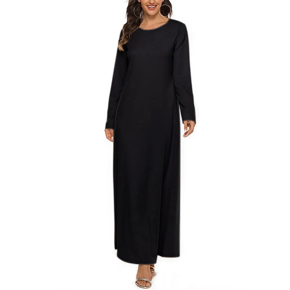Women's Muslim Basic Liturgy  Abaya Long Sleeve Inner Cloth Round Neck Ladies Dress Middle Eastern Dubai Turkey Solid Daily Robe