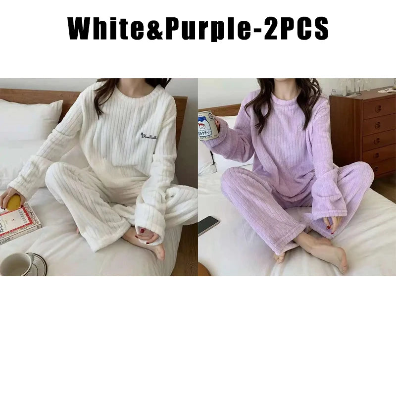 Women Coral Fleece Pajama Set Warm Round NeckSleepwear Cozy Loungewear Outfit