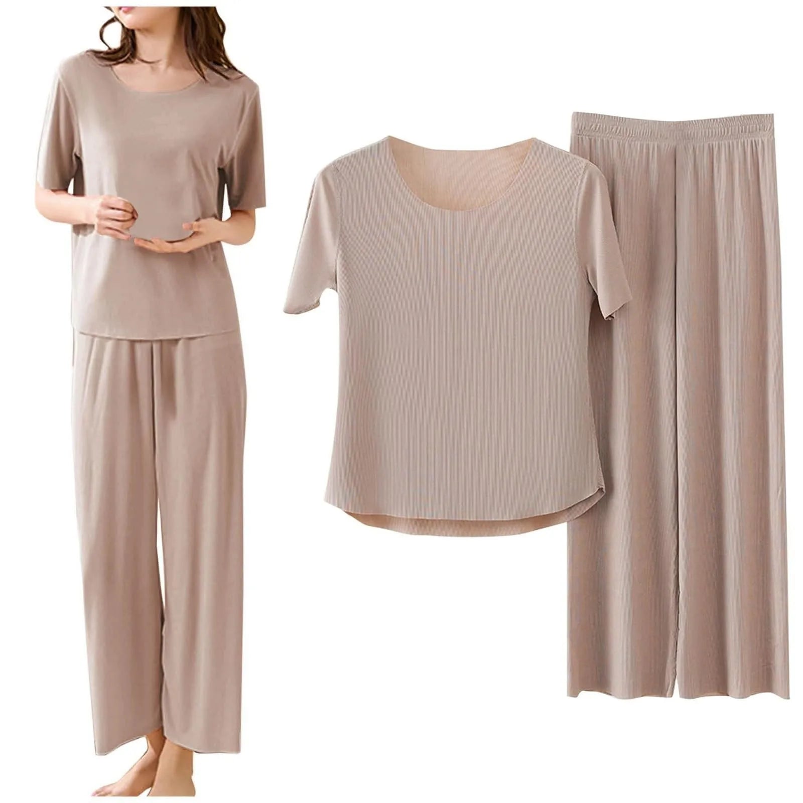 Women Casual Solid Color Sleepwear Set  Non-Marking Loose Short Sleeved Top Cropped Pants Homewear Ice Silk Pajamas Suit