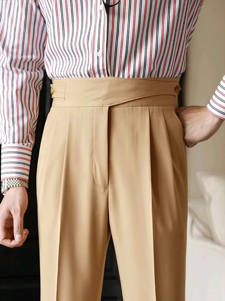 Naples Trousers Men 2025 Spring Autumn New Fashion Belt-up High Waist Slim Pants Men Business Casual Solid Color Straight Pants