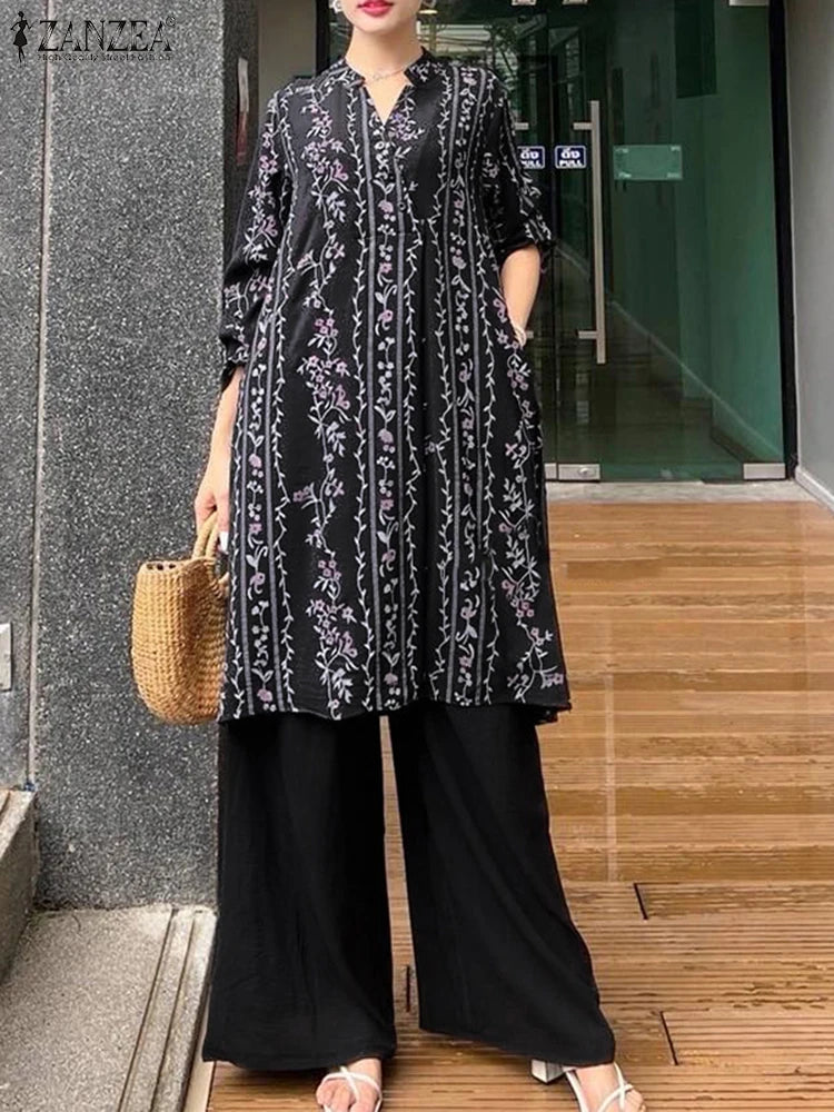 2025 ZANZEA 2 piece Fashion Autumn Long Shirt Pant Suits Women Outfts 2 Piece Sets Long Sleeve Printed Tops Trousers Casual Tracksuits