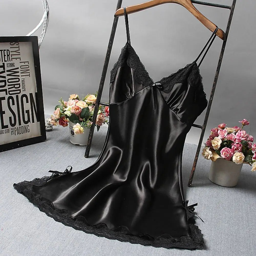 Sexy Lace Patchwork Camisola Lingerie Silk Dress Sleep Wear Nightdress