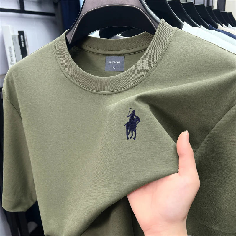 High end short sleeve T-shirt men's fashion brand pony embroidery summer new silk cotton breathable casual round neck Paul top