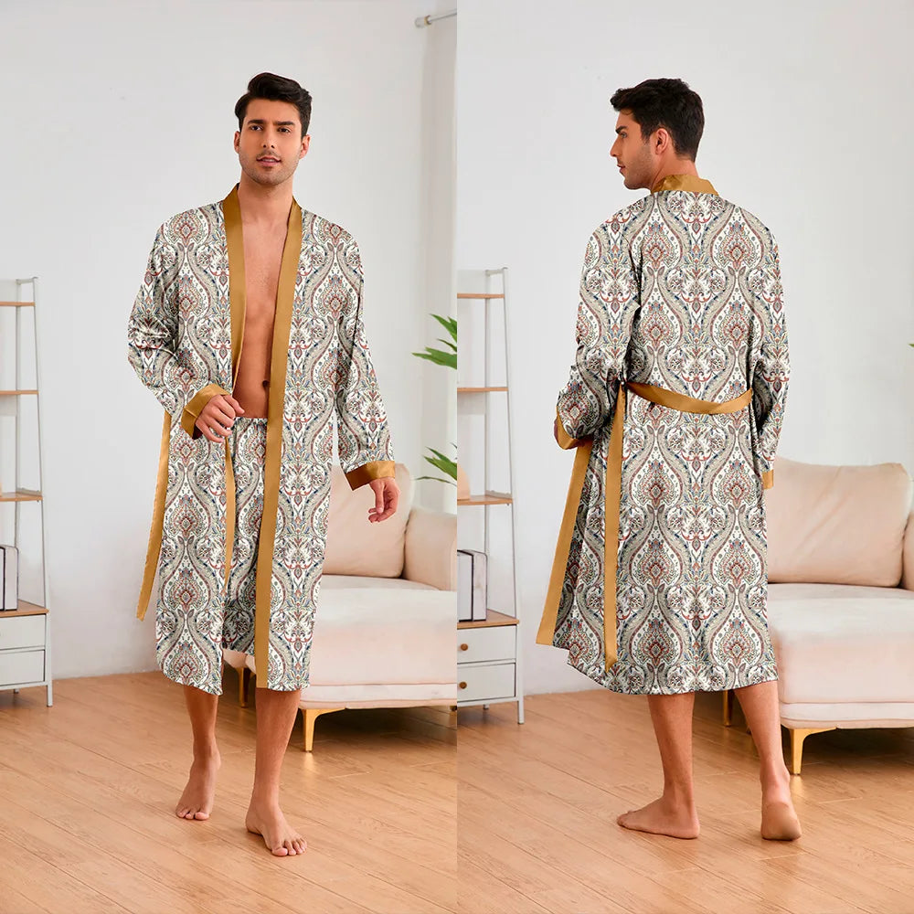 Men 2 Pieces Sleepwear Leopard Bathrobe Set  Homme Long Mens Sleepwear Loungewear Home Dressing Gown
