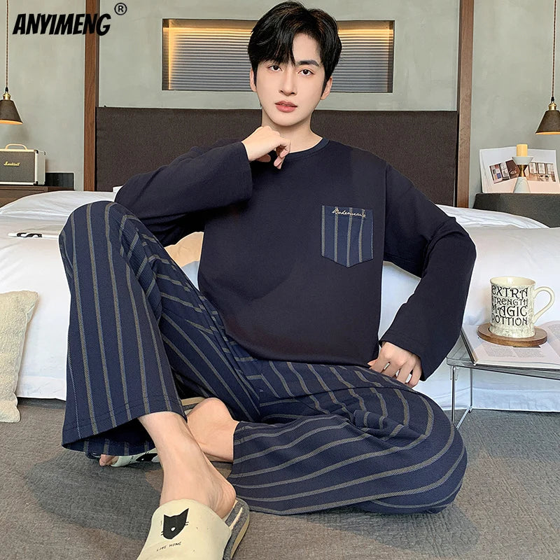 Winter Autumn Men Pajamas Set Faux Cotton Sleepwear Leisure Pyjamas for Boy Casual Homesuit Long Sleeves Pijama Youth Nightwear