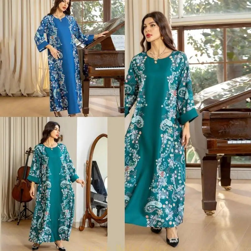 Women Kaftan Dress Full Length Print Rhinestones Pearls Embroidered Dress