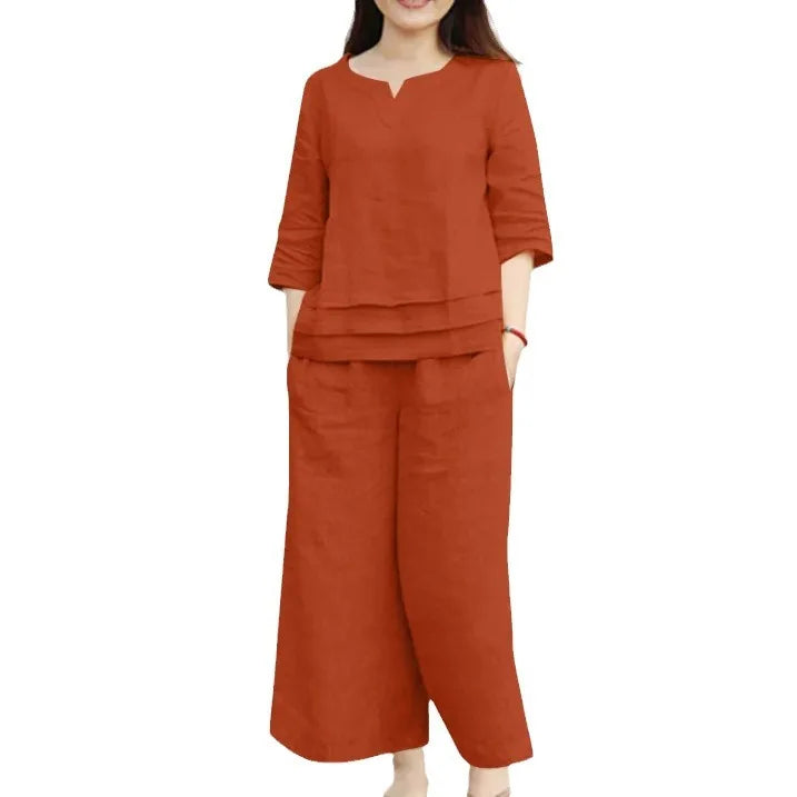 Women Pantsuit Women's 2PCS V Neck Three Quarter Sleeve Top Wide Leg Pants Set with Loose Fit Soft Solid for Comfortable 2025