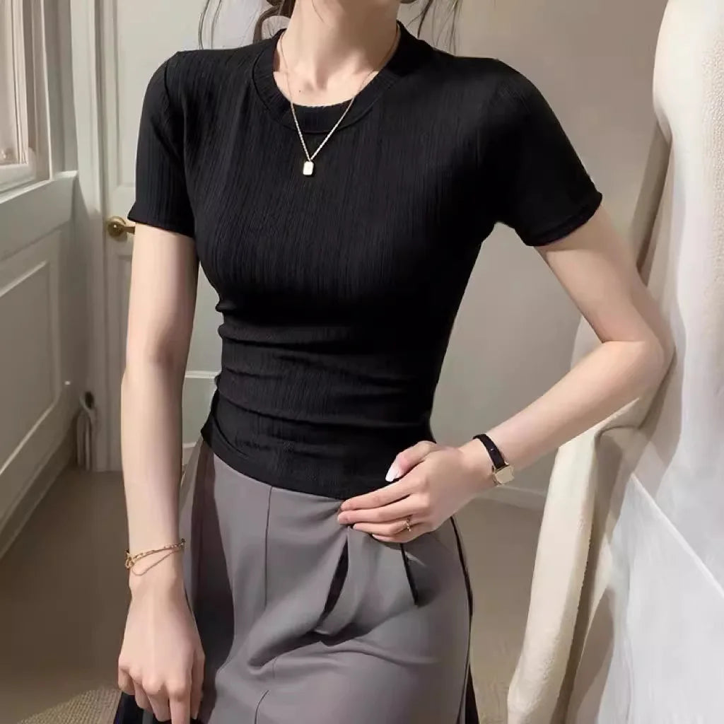 Summer Womens Y2k Harajuku T-shirt Casual Short Sleeve Tops Korean Fashion Knitted Clothes for Women White Black T-shirts 2025