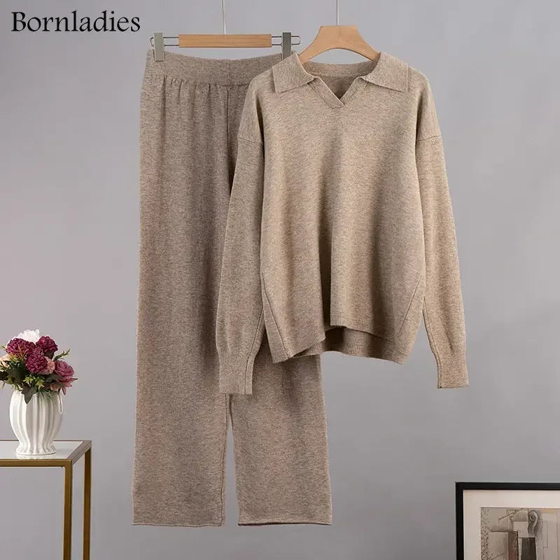 Bornladies Winter Thick Women Knitted Suits Soft 2 Pieces Sets  Polo Neck Sweater & Wide Leg Pants Knitted Outfit