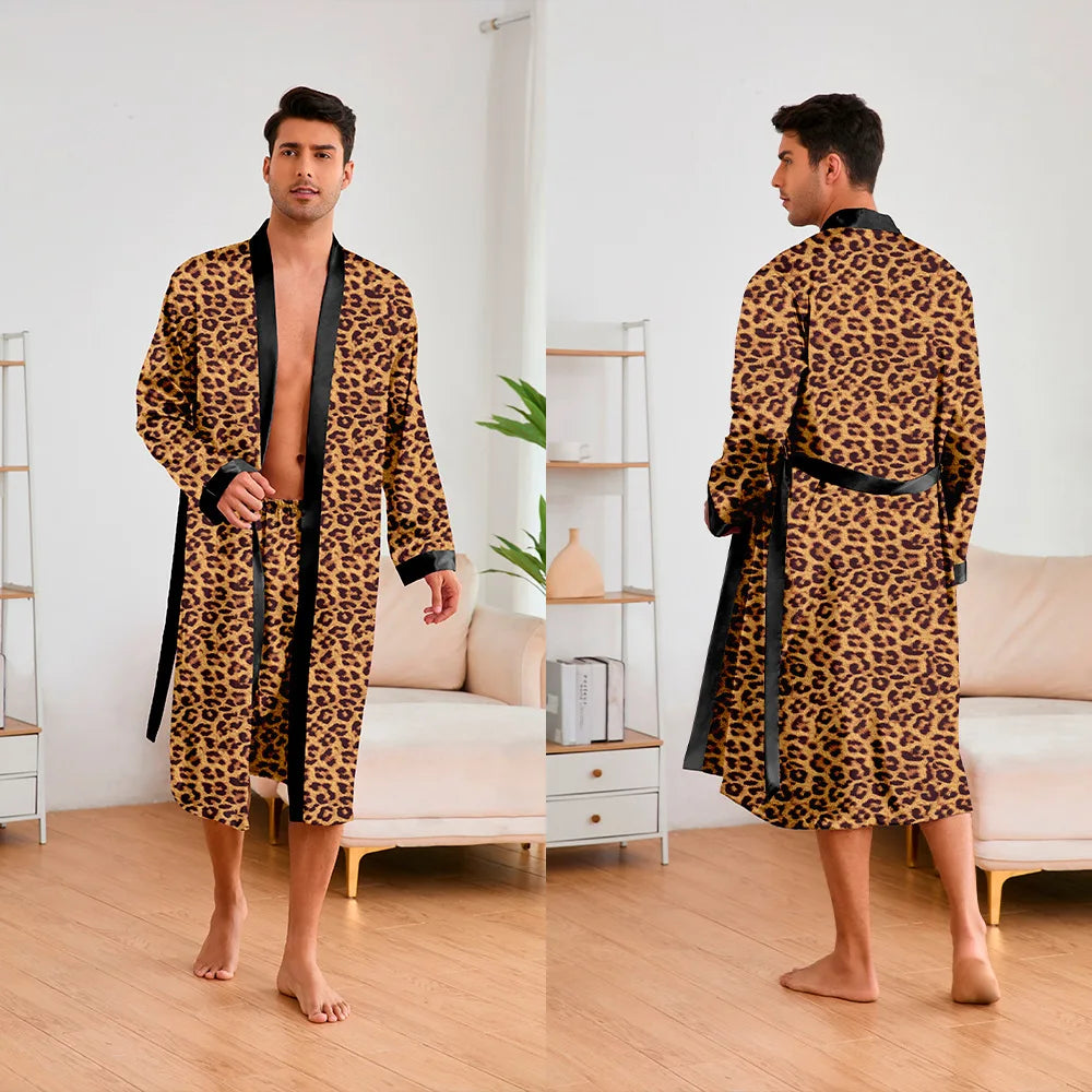 Men 2 Pieces Sleepwear Leopard Bathrobe Set  Homme Long Mens Sleepwear Loungewear Home Dressing Gown