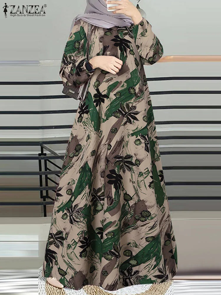 2025 ZANZEA Vintage Elegant Women Long Sleeve Muslim Dubai Dress Clothing Floral Printed Turkey Abaya Hijab Sundress
