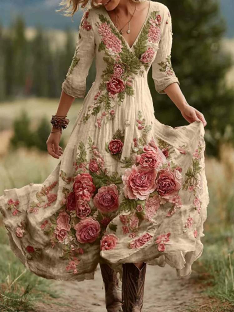 Casual Long Sleeve Party Dresses Elegant Flower Print Waist Big Swing Long Dress Women's Sexy Deep V-neck Draped Bohemian Dress
