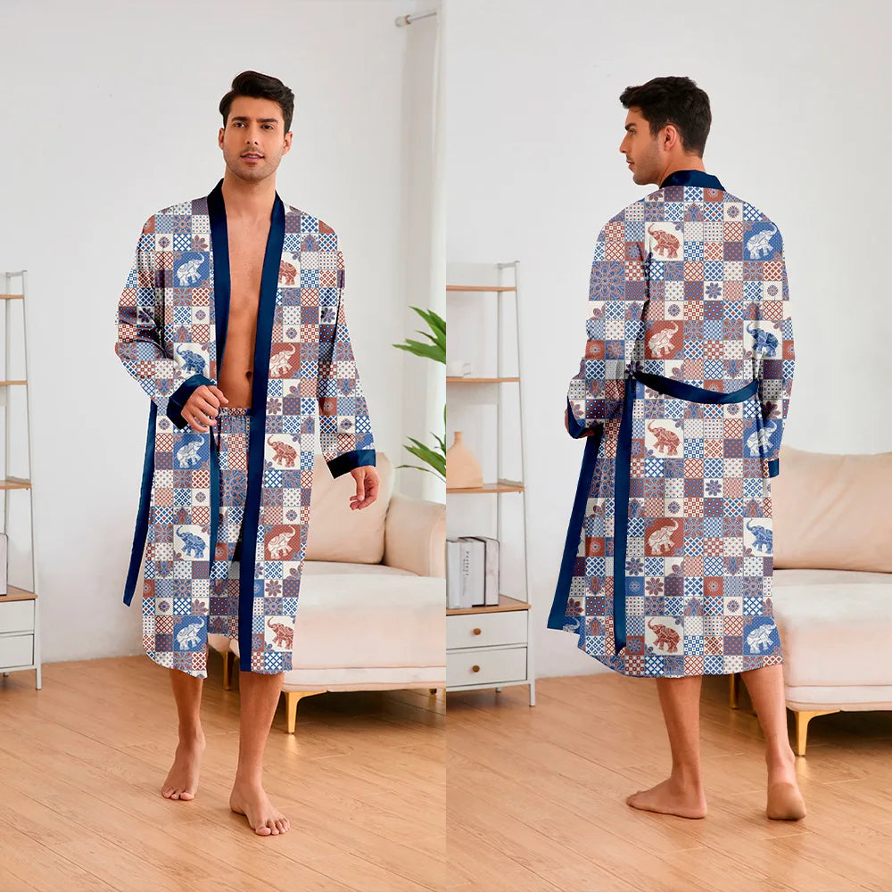 Men 2 Pieces Sleepwear Leopard Bathrobe Set  Homme Long Mens Sleepwear Loungewear Home Dressing Gown