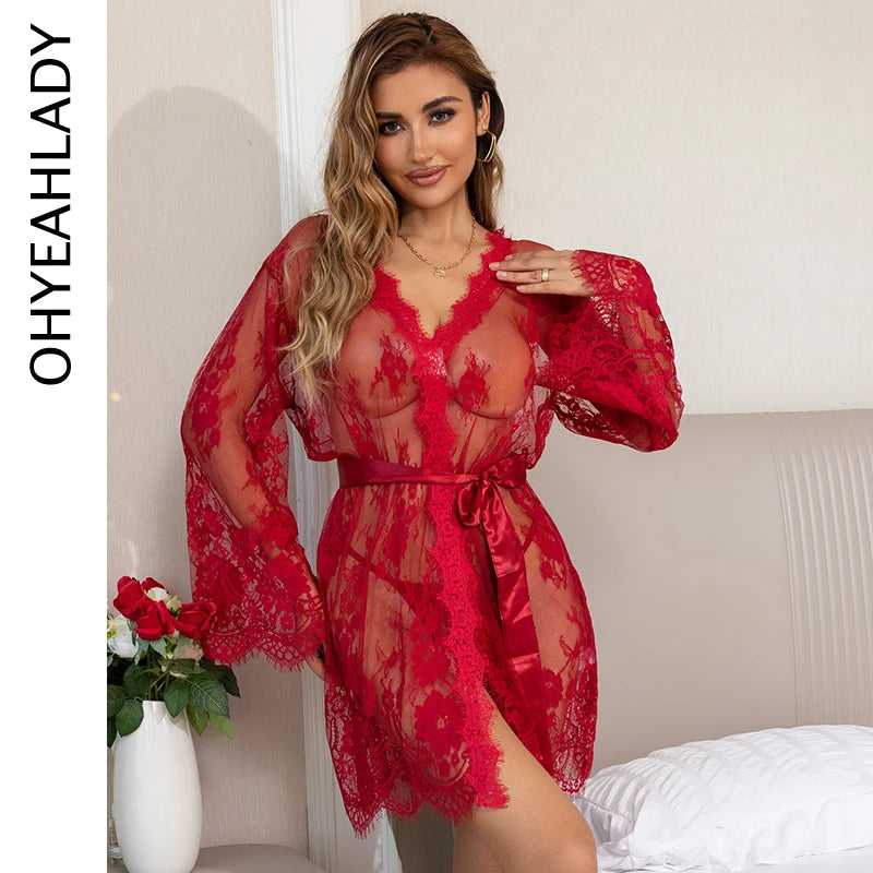 Women's Elegant Sleepwear Red Sheer Mesh Transparent Robe Set Erotic Nightgown Hot Plus Size Sexy Babydoll Lingerie with Panties