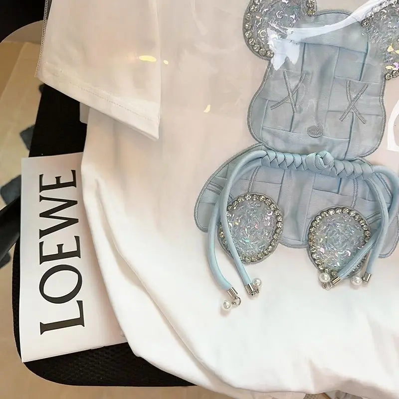 Luxury Embroidery Bear Diamond T Shirts Cute Cartoon Summer Tee Tops High Quality Cotton Short Sleeve Kawaii Clothes Korea