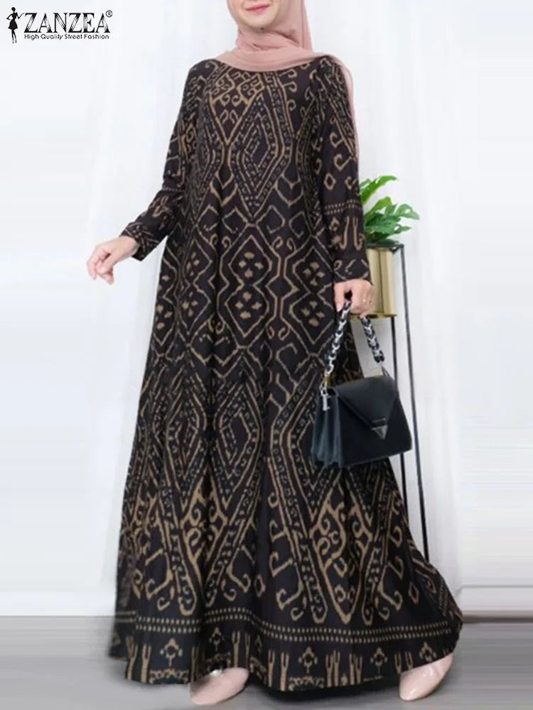 ZANZEA Vintage Printing Maxi Dress Casual Bohemian  Long Sleeve Elegant Women Loose Long Robe
