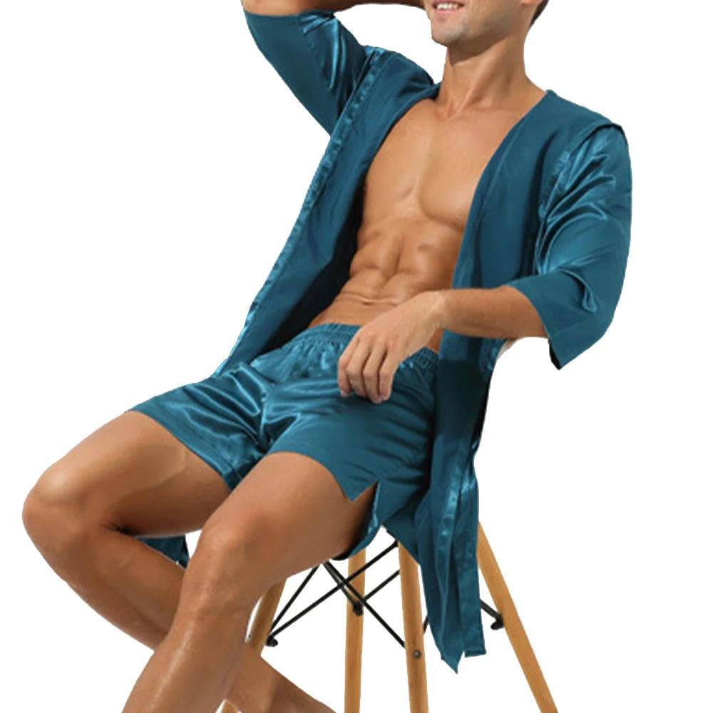 Men Bathrobe Pajamas Nightgown Hooded Loose Satin Silk Sleepwear Cardigan Gown Bath Robe Nightwear Sleep Bottoms 