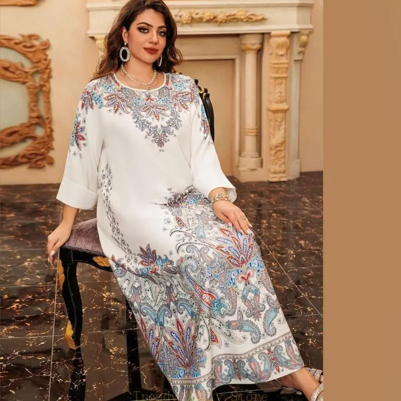 Dress for Women, Middle Eastern Robe Dress Flower Print Kaftan Dress