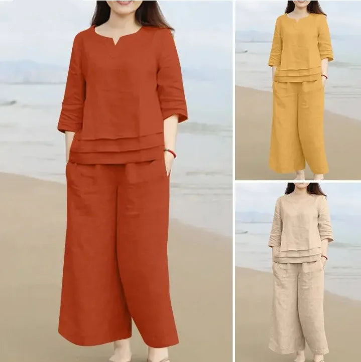 Women Pantsuit Women's 2PCS V Neck Three Quarter Sleeve Top Wide Leg Pants Set with Loose Fit Soft Solid for Comfortable 2025
