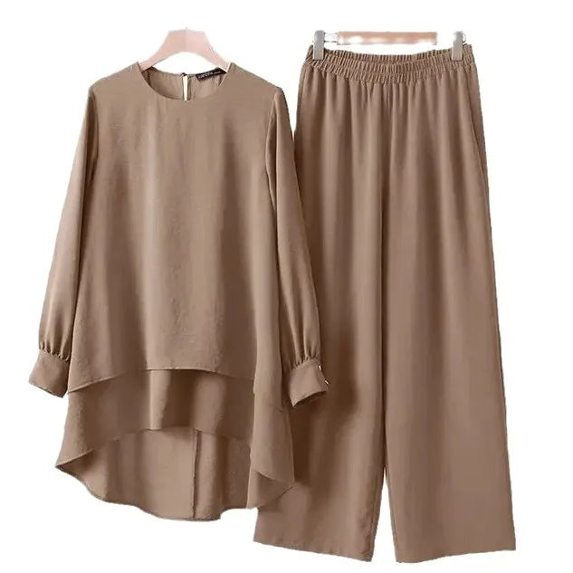 Women 2 Piece Set Blouse Double Top Wide Leg Pants Suit Casual Ensemble  Arab Trousers Outfits